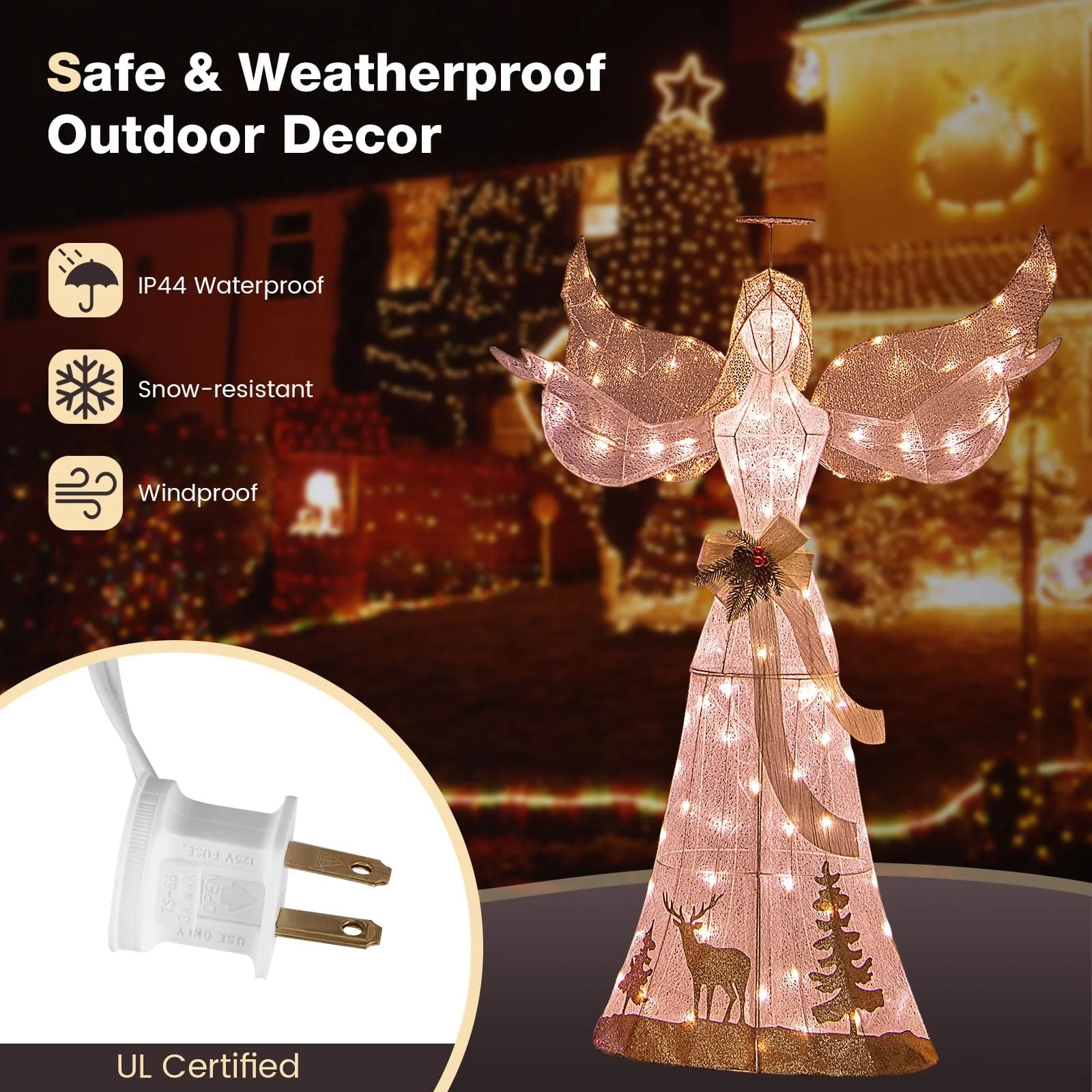 Tangkula 5 FT Lighted Christmas Angel, Outdoor Pre-lit 3D Glittered Angel with 100 Warm White Lights
