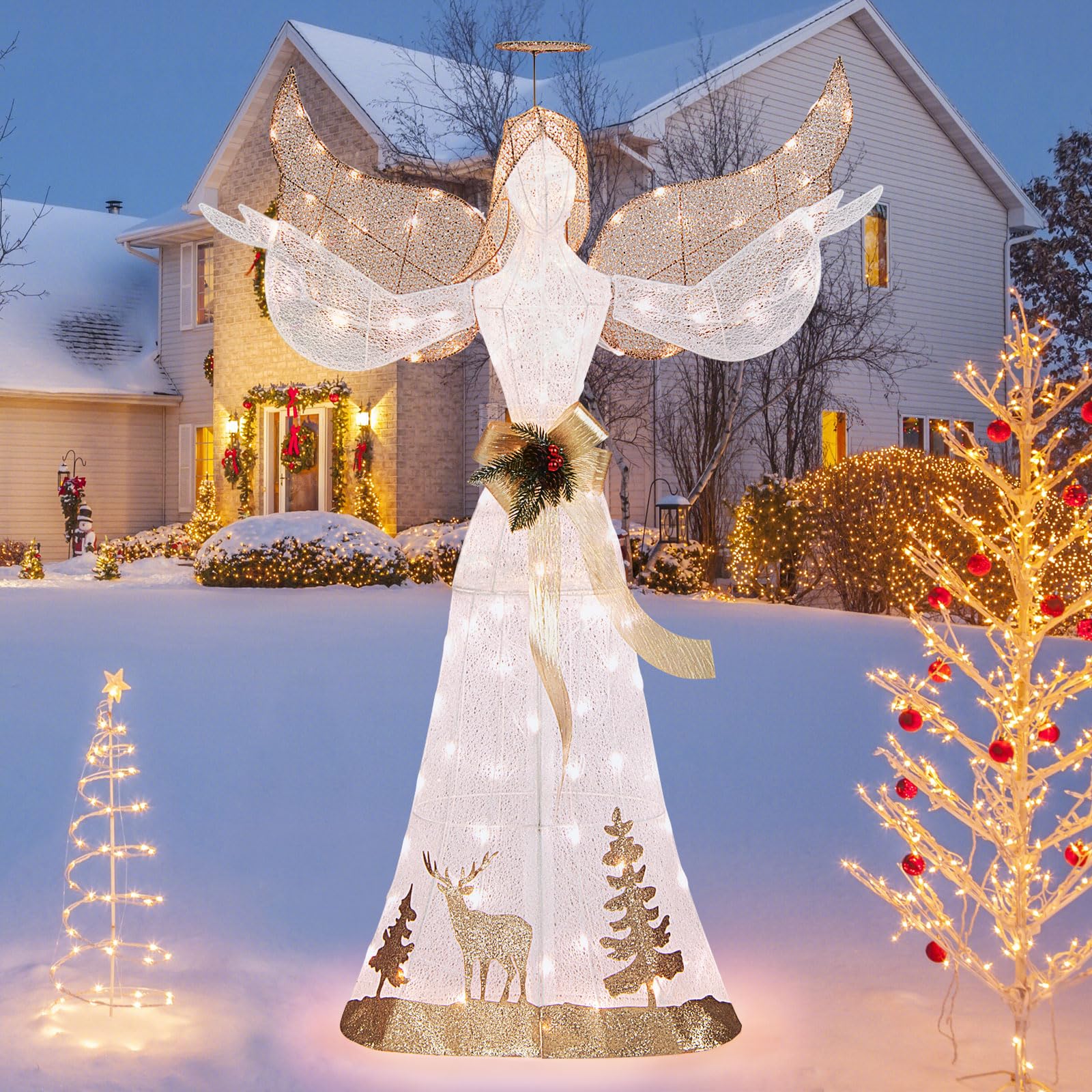 Tangkula 5 FT Lighted Christmas Angel, Outdoor Pre-lit 3D Glittered Angel with 100 Warm White Lights