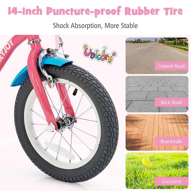 14"/18" Kids Bicycle with Removable Training Wheels, Coaster Brake, Handbrake, Basket & Doll Chair, Toddler Girls & Boys Bike for Age 3-9