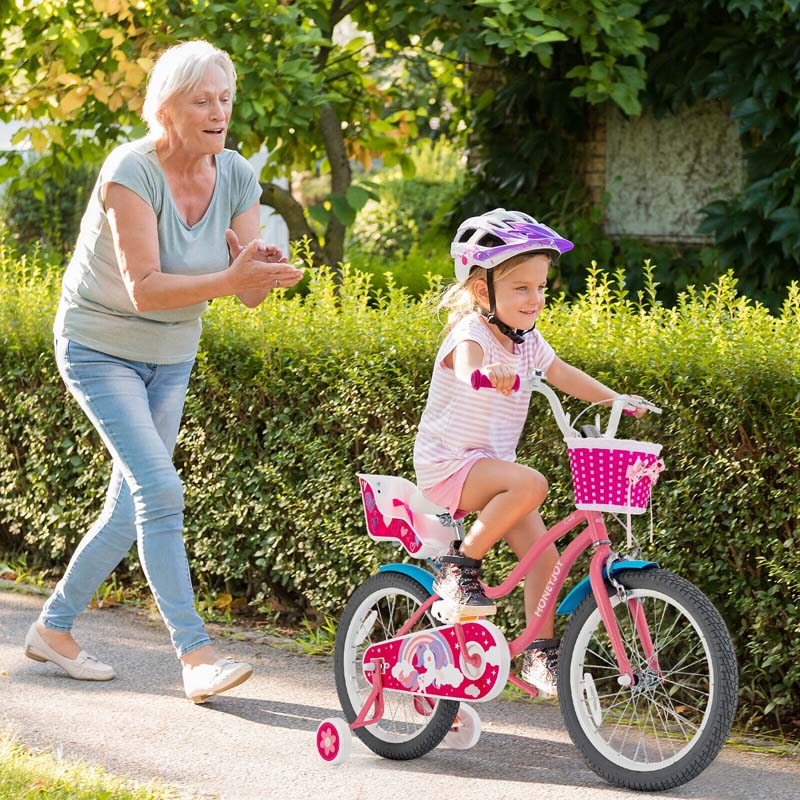 14"/18" Kids Bicycle with Removable Training Wheels, Coaster Brake, Handbrake, Basket & Doll Chair, Toddler Girls & Boys Bike for Age 3-9