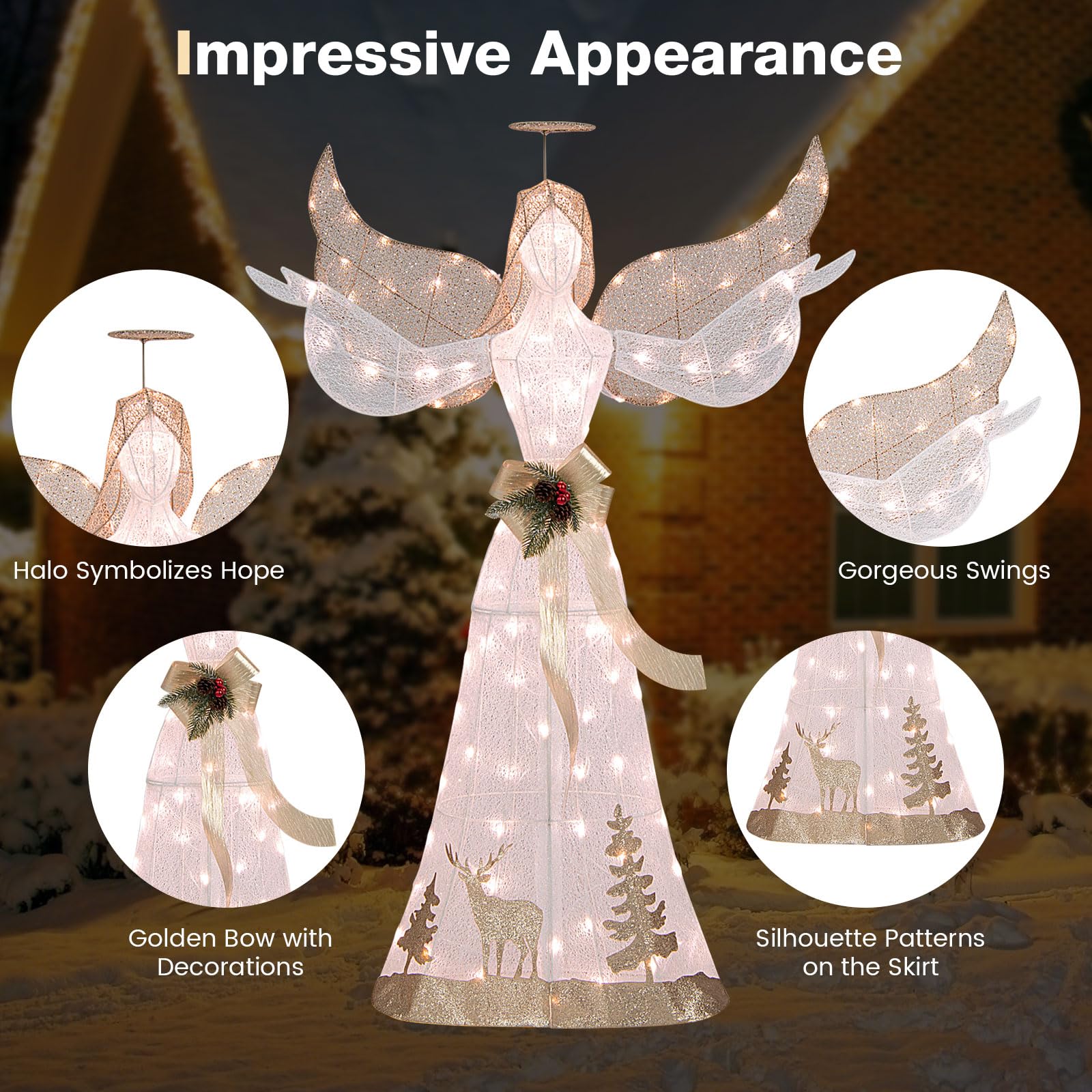 Tangkula 5 FT Lighted Christmas Angel, Outdoor Pre-lit 3D Glittered Angel with 100 Warm White Lights