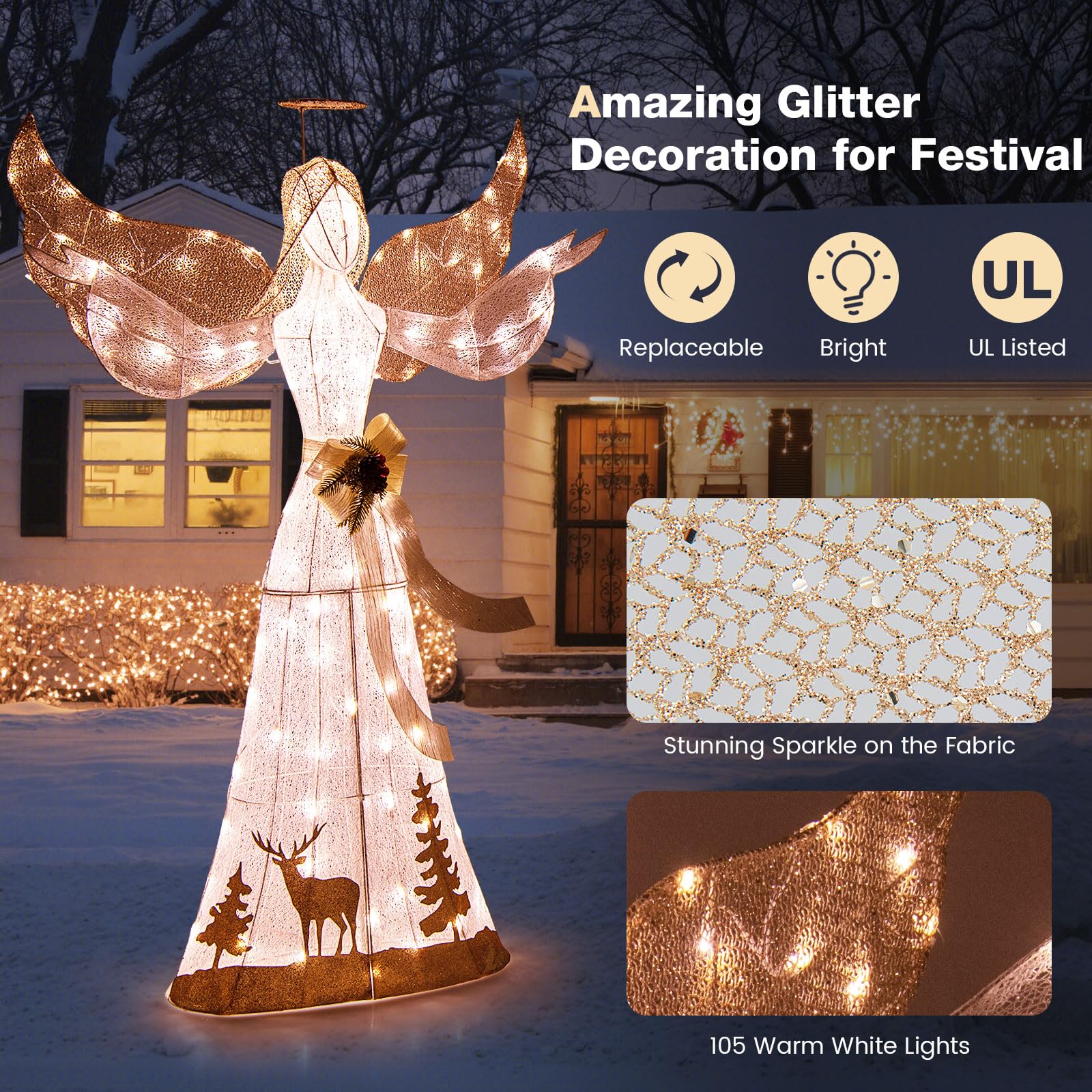 Tangkula 5 FT Lighted Christmas Angel, Outdoor Pre-lit 3D Glittered Angel with 100 Warm White Lights