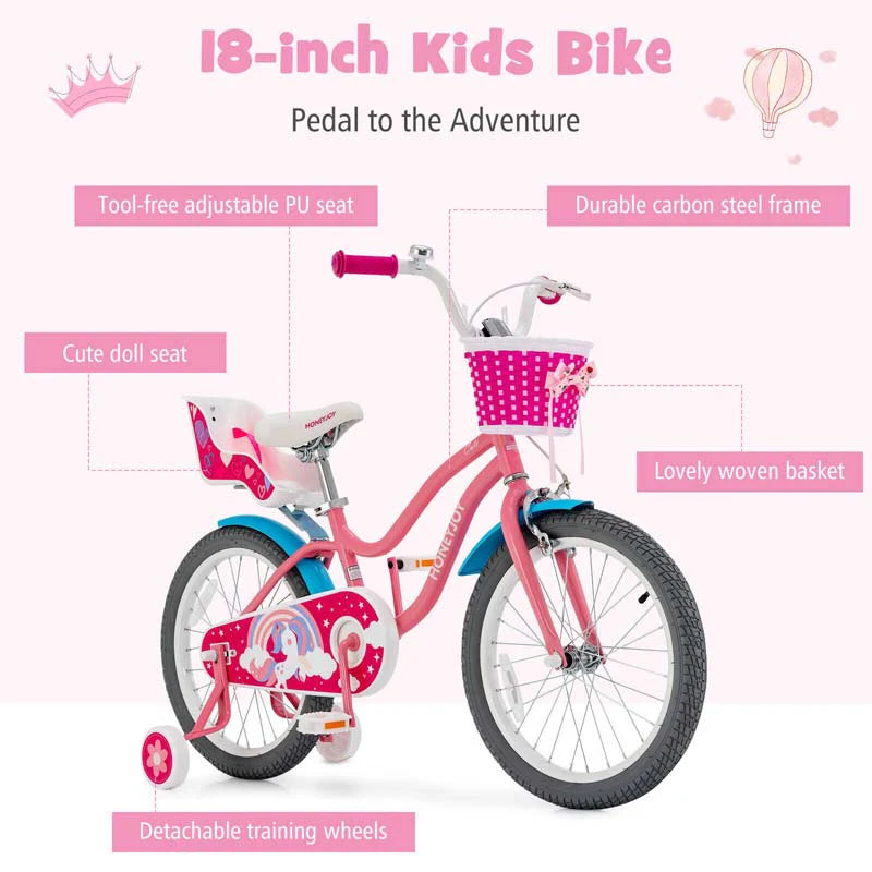 14"/18" Kids Bicycle with Removable Training Wheels, Coaster Brake, Handbrake, Basket & Doll Chair, Toddler Girls & Boys Bike for Age 3-9