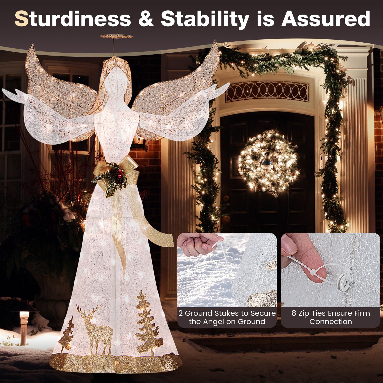 Tangkula 5 FT Lighted Christmas Angel, Outdoor Pre-lit 3D Glittered Angel with 100 Warm White Lights