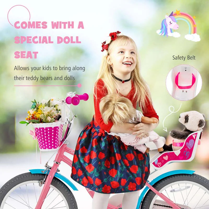 14"/18" Kids Bicycle with Removable Training Wheels, Coaster Brake, Handbrake, Basket & Doll Chair, Toddler Girls & Boys Bike for Age 3-9